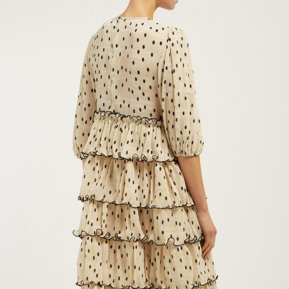 GANNI Lowell Tiered Polka Dot Plisse Beige & Black Midi Dress conservative pleat - Picture 11 of 12